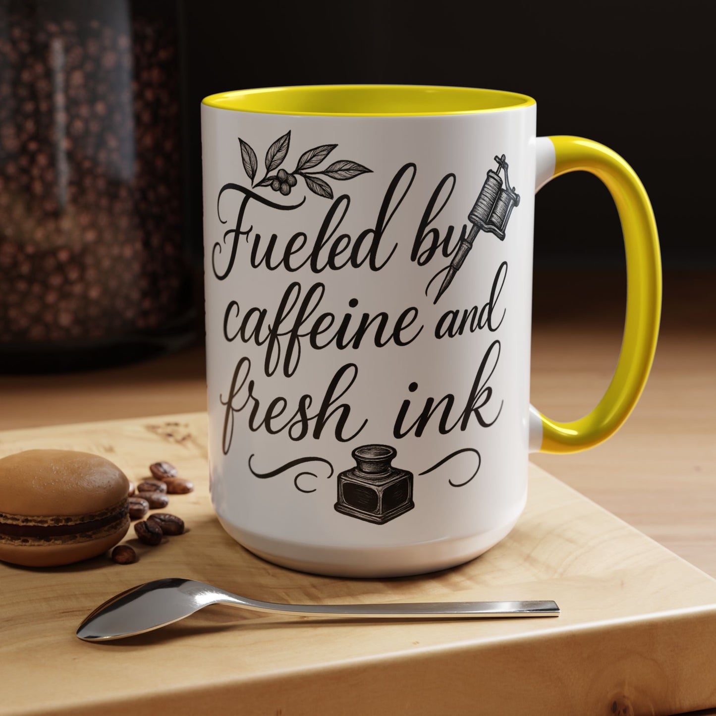 Fueled by Caffeine and Fresh Ink - Gift for Tattoo Enthusiast and Artist, 11oz & 15oz