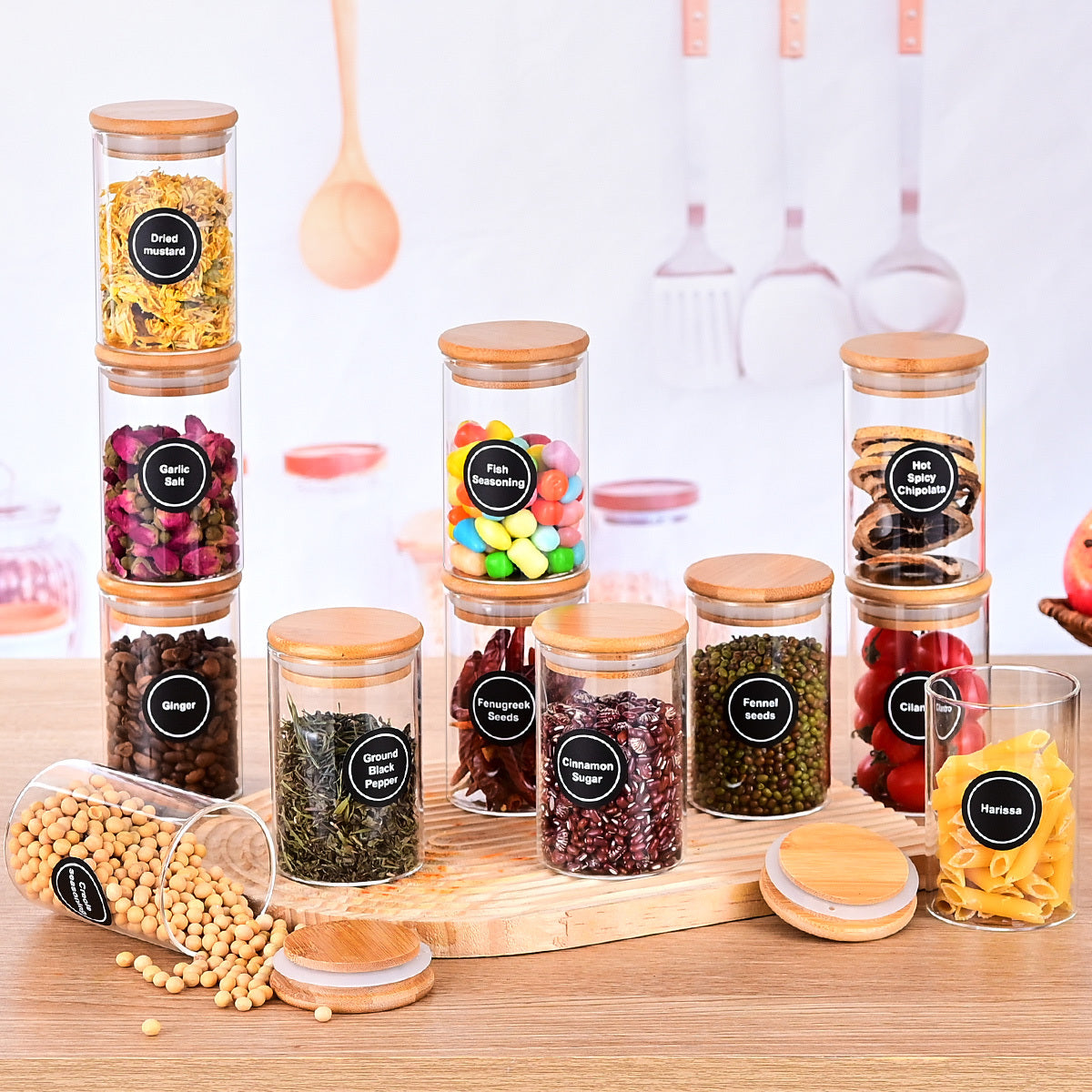 12 Pcs Round Spice Jars With Bamboo Lids And Stickers, Glass Storage Jars, Candy Jars, Coffee Jars, Salt Jars, Pepper Jars, Tea Jars