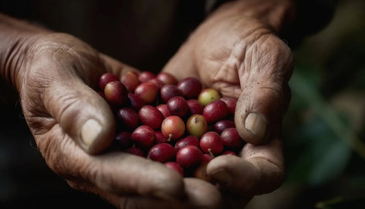 two hands holding coffee berries