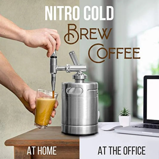 nitro cold brew keg with spout pouring nitro coffee