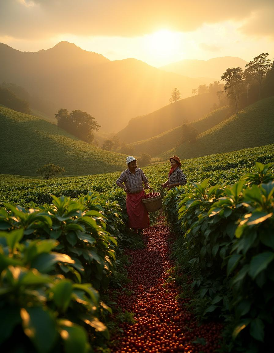 field of coffee plants in a mountain area with two women harvesting berries in the background low sun