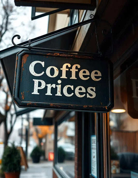 exterior of a coffee shop with hangnig sign that says coffee prices