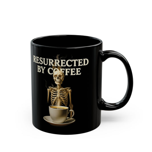 Resurrected by Coffee, Black Ceramic Mug, Gift for Halloween, Skeleton Design