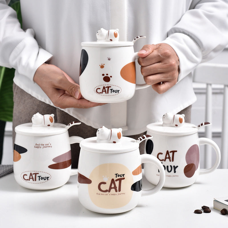 Cute Cat Cartoon Mug With Lid and Spoon