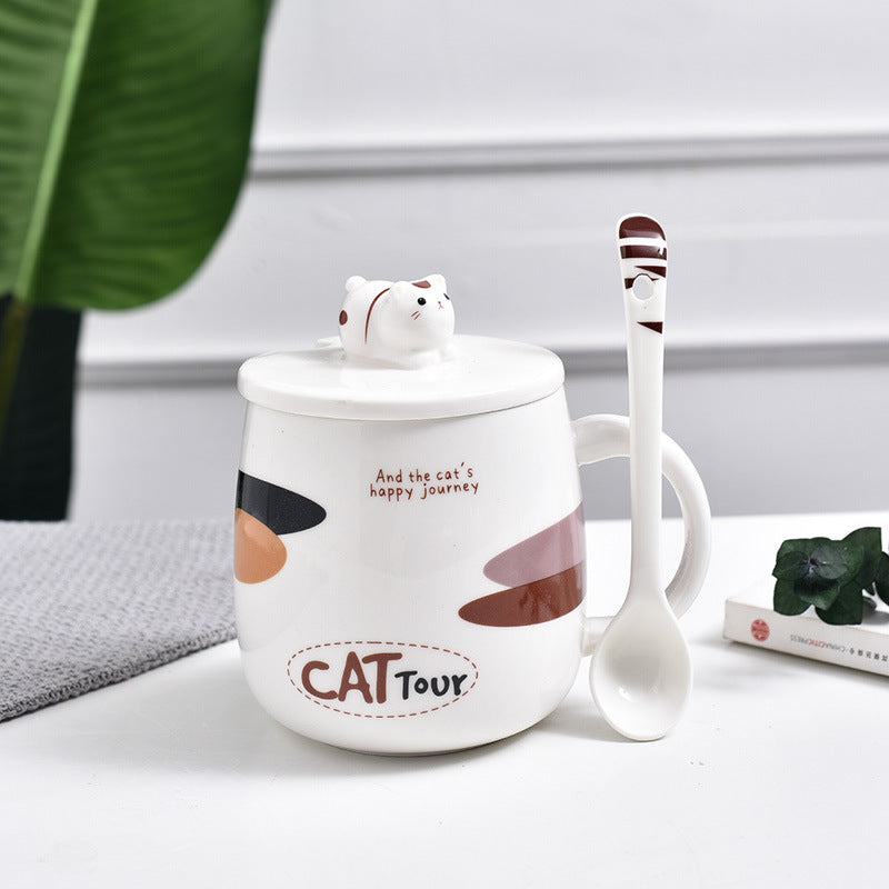 Cute Cat Cartoon Mug With Lid and Spoon