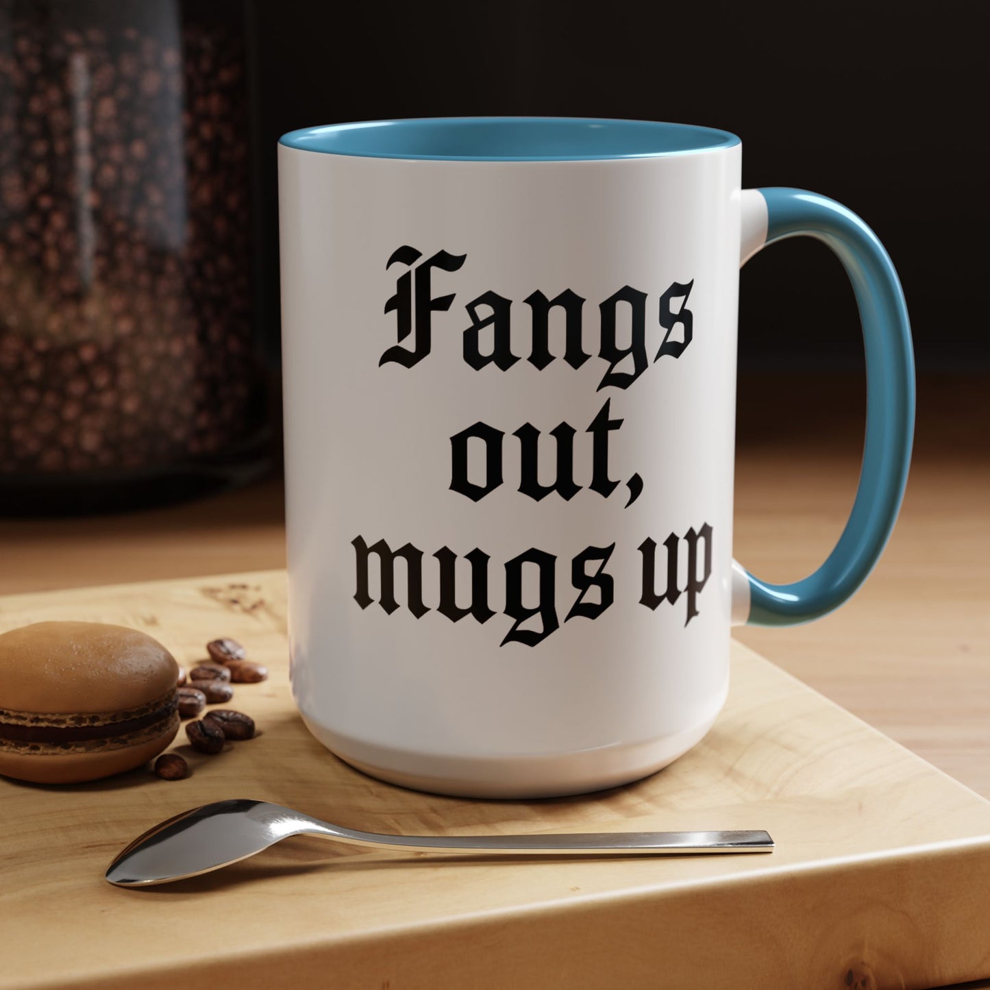 Gothic Coffee Mug, Fangs Out Mugs Up, Spooky Gift, Halloween Coffee Cup, Black Accent Ceramic Mug, Unique Drinkware