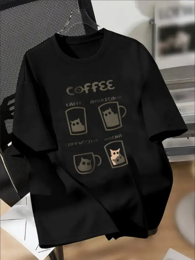 Cool Comfy Casual Versatile Boys Round Neck Short-sleeved 'COFFEE' Kittens Print T-shirt, Perfect Summer Clothing - Mug World