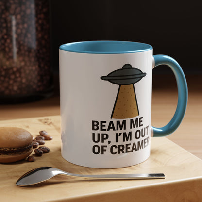 Funny Space-Themed Coffee Mug, Humorous Gift for Coffee Lovers, Out of Creamer, Alien Design, Quirky Kitchenware