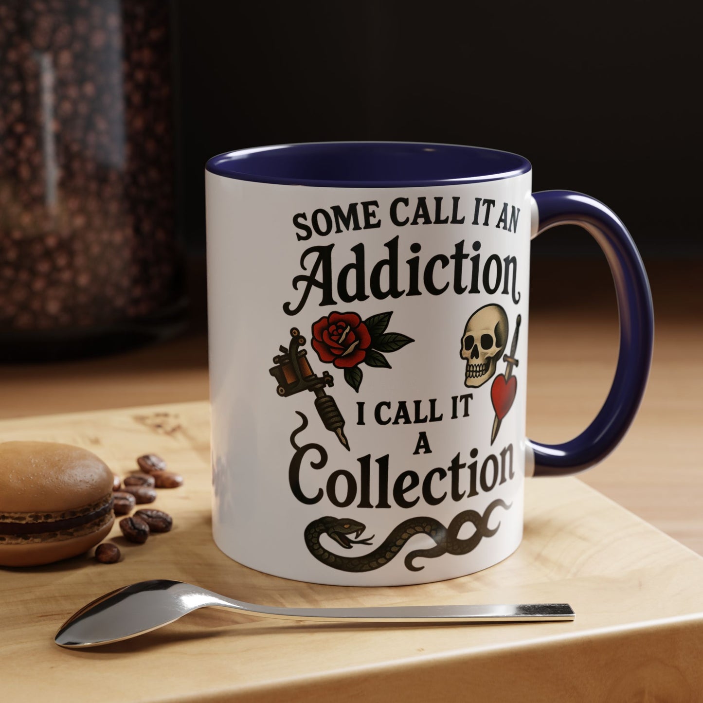 Tattoo Addiction Coffee Mug - Unique Gift, Skulls & Roses Design, Perfect for Collectors, Gothic Decor