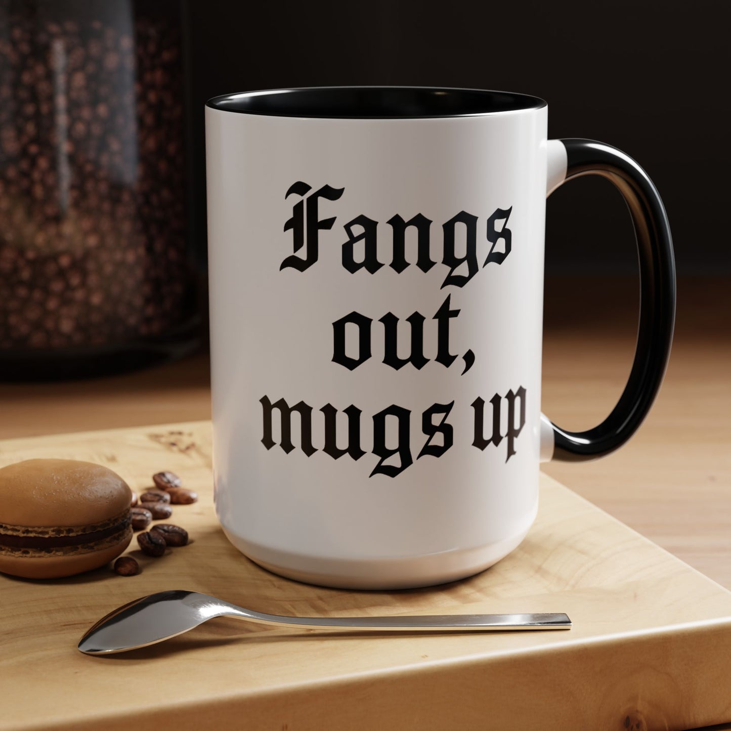 Gothic Coffee Mug, Fangs Out Mugs Up, Spooky Gift, Halloween Coffee Cup, Black Accent Ceramic Mug, Unique Drinkware