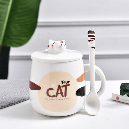 Cute Cat Cartoon Mug With Lid and Spoon