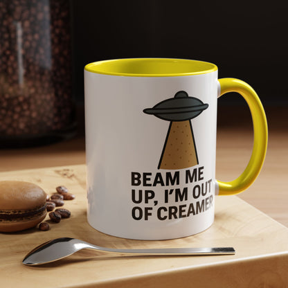 Funny Space-Themed Coffee Mug, Humorous Gift for Coffee Lovers, Out of Creamer, Alien Design, Quirky Kitchenware