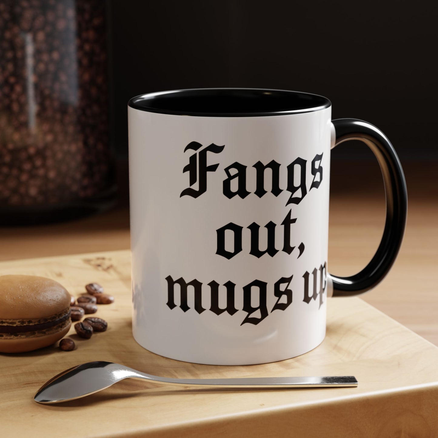 Gothic Coffee Mug, Fangs Out Mugs Up, Spooky Gift, Halloween Coffee Cup, Black Accent Ceramic Mug, Unique Drinkware