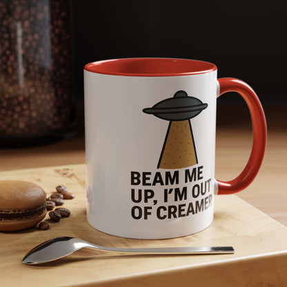 Funny Space-Themed Coffee Mug, Humorous Gift for Coffee Lovers, Out of Creamer, Alien Design, Quirky Kitchenware