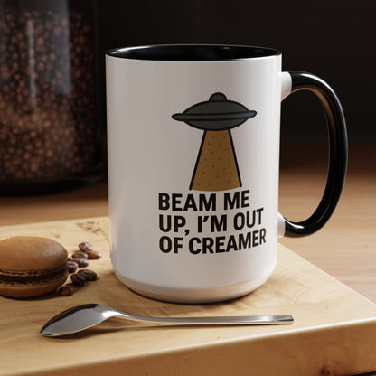 Funny Space-Themed Coffee Mug, Humorous Gift for Coffee Lovers, Out of Creamer, Alien Design, Quirky Kitchenware