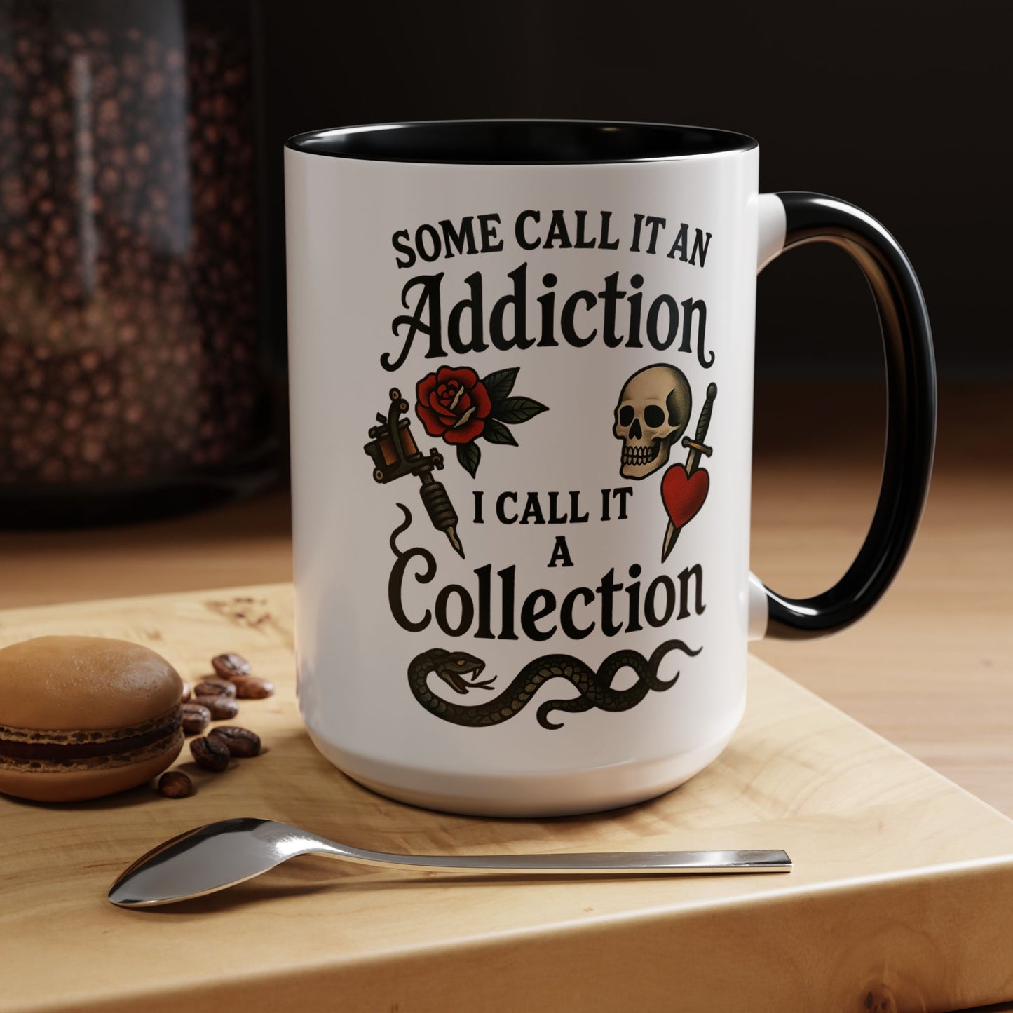 Tattoo Addiction Coffee Mug - Unique Gift, Skulls & Roses Design, Perfect for Collectors, Gothic Decor