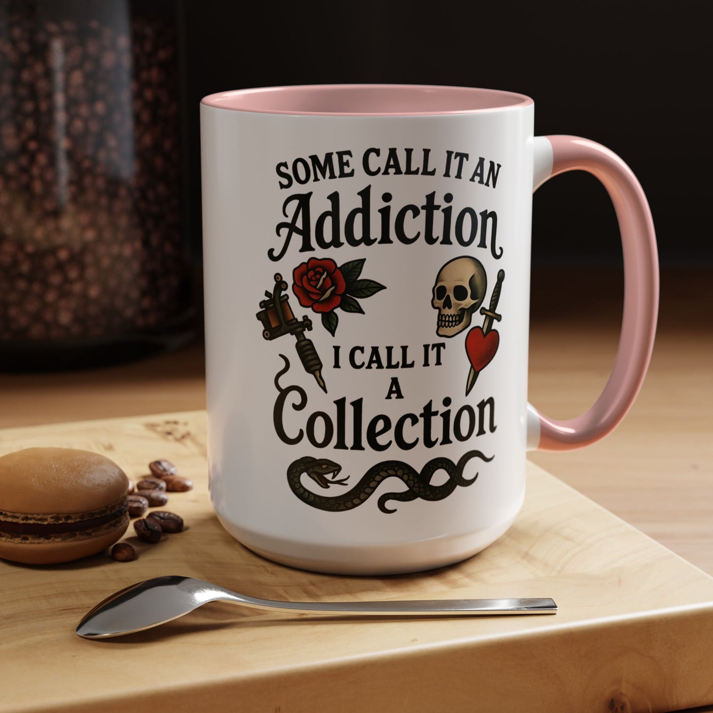 Tattoo Addiction Coffee Mug - Unique Gift, Skulls & Roses Design, Perfect for Collectors, Gothic Decor