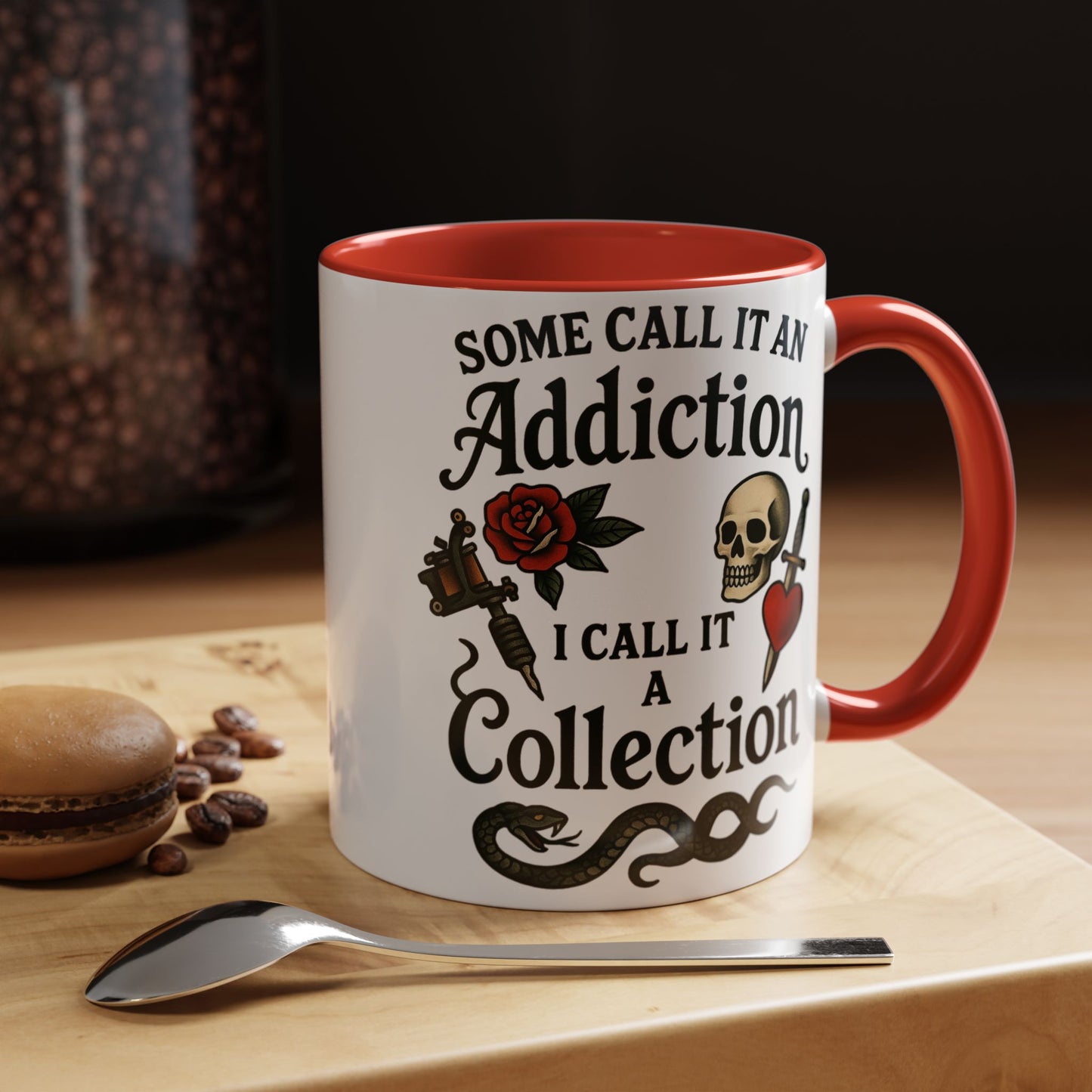 Tattoo Addiction Coffee Mug - Unique Gift, Skulls & Roses Design, Perfect for Collectors, Gothic Decor