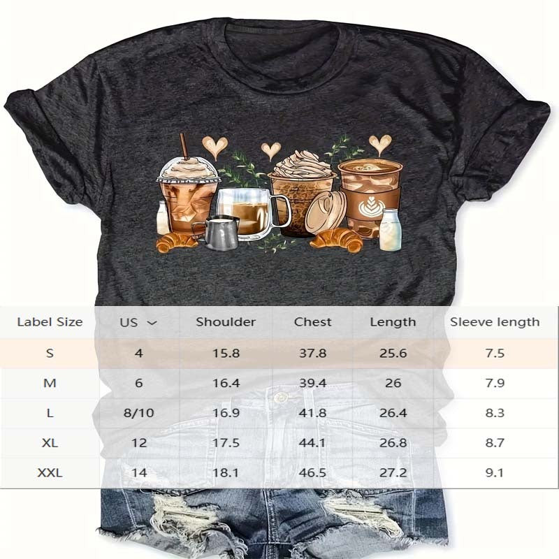 Women's Stylish Short Sleeve T-Shirt With Coffee Pattern, Casual And Comfortable Round Neck Top
