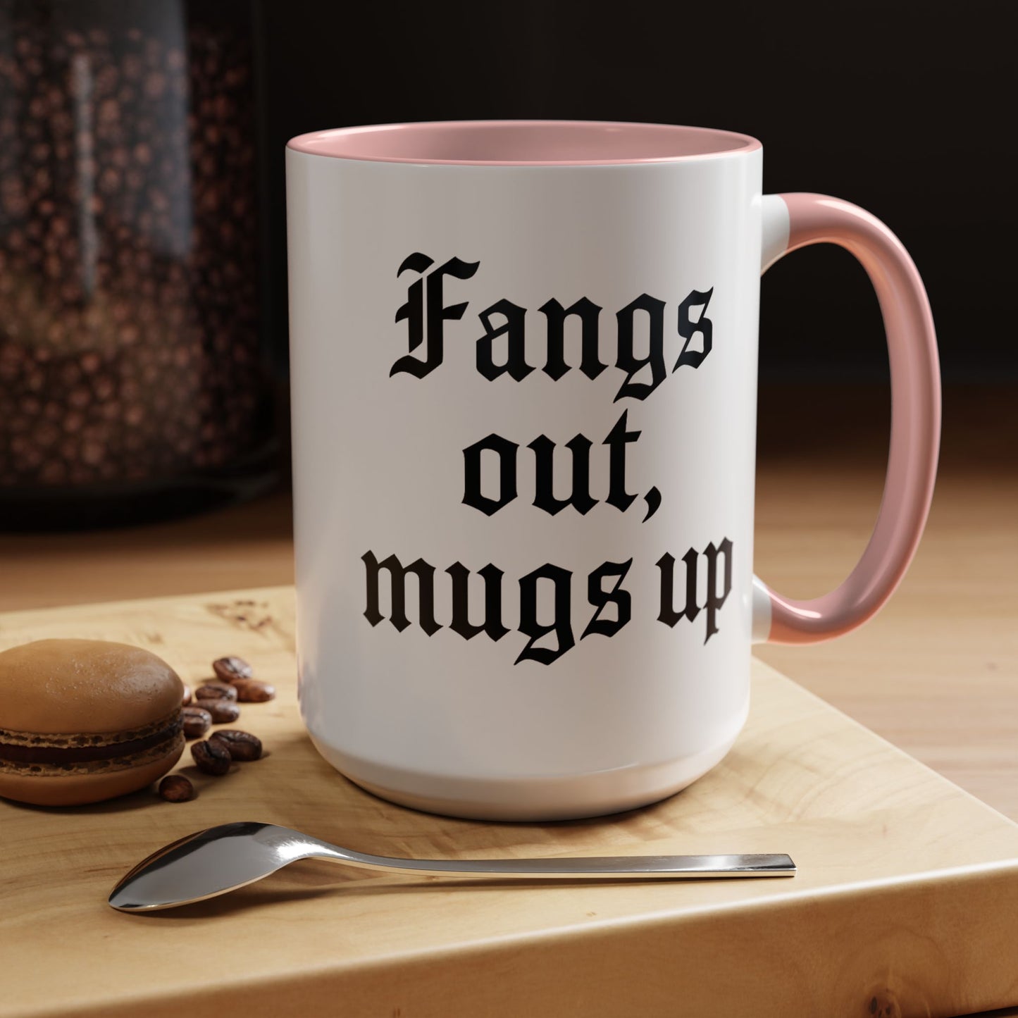 Gothic Coffee Mug, Fangs Out Mugs Up, Spooky Gift, Halloween Coffee Cup, Black Accent Ceramic Mug, Unique Drinkware