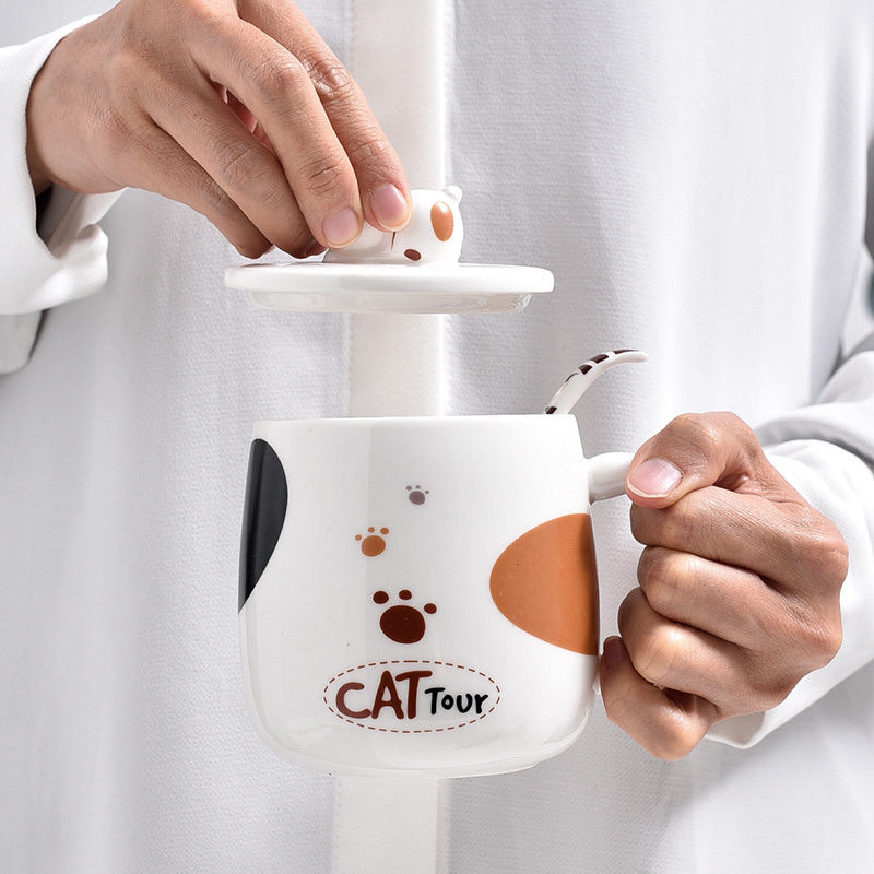 Cute Cat Cartoon Mug With Lid and Spoon