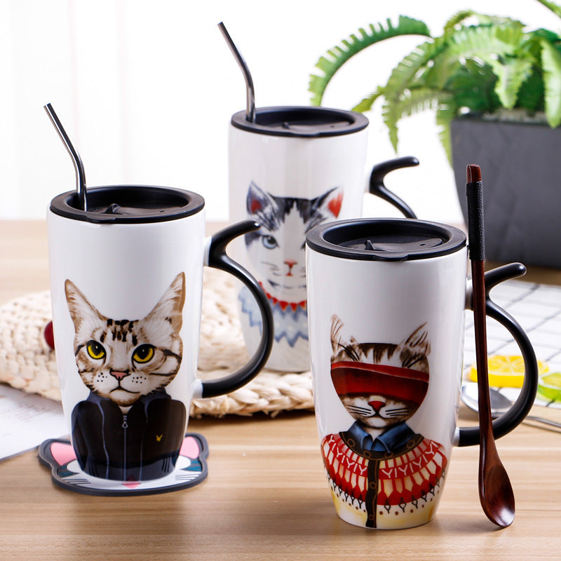 Cartoon Cat with Tail Handle Ceramic mug