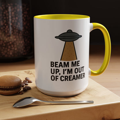 Funny Space-Themed Coffee Mug, Humorous Gift for Coffee Lovers, Out of Creamer, Alien Design, Quirky Kitchenware