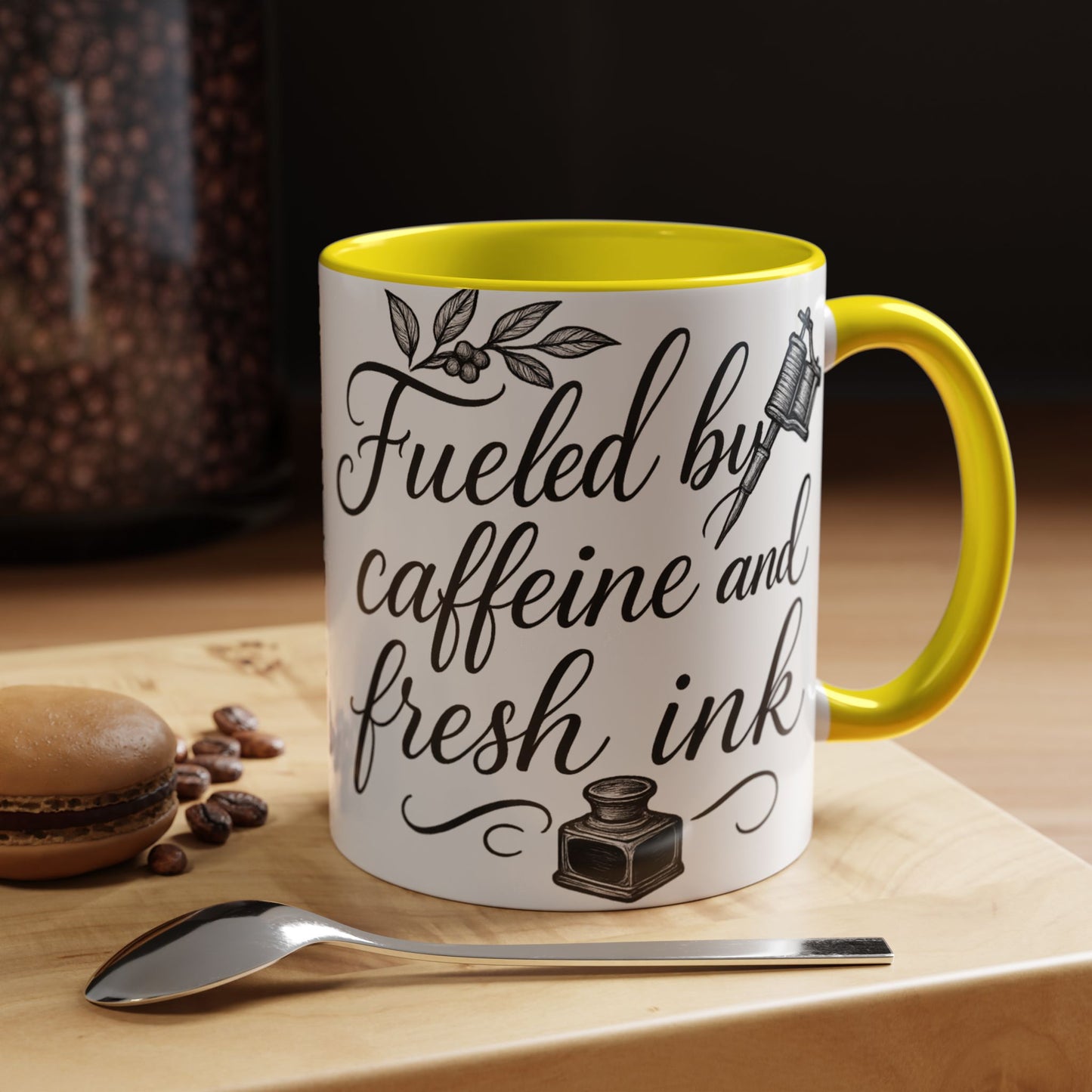 Fueled by Caffeine and Fresh Ink - Gift for Tattoo Enthusiast and Artist, 11oz & 15oz