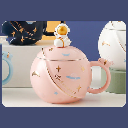 Astronaut Planetary Ceramic Mug with Lid and Spoon