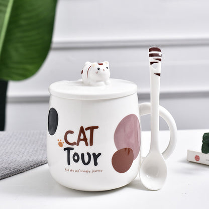 Cute Cat Cartoon Mug With Lid and Spoon