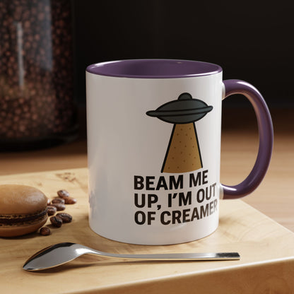 Funny Space-Themed Coffee Mug, Humorous Gift for Coffee Lovers, Out of Creamer, Alien Design, Quirky Kitchenware