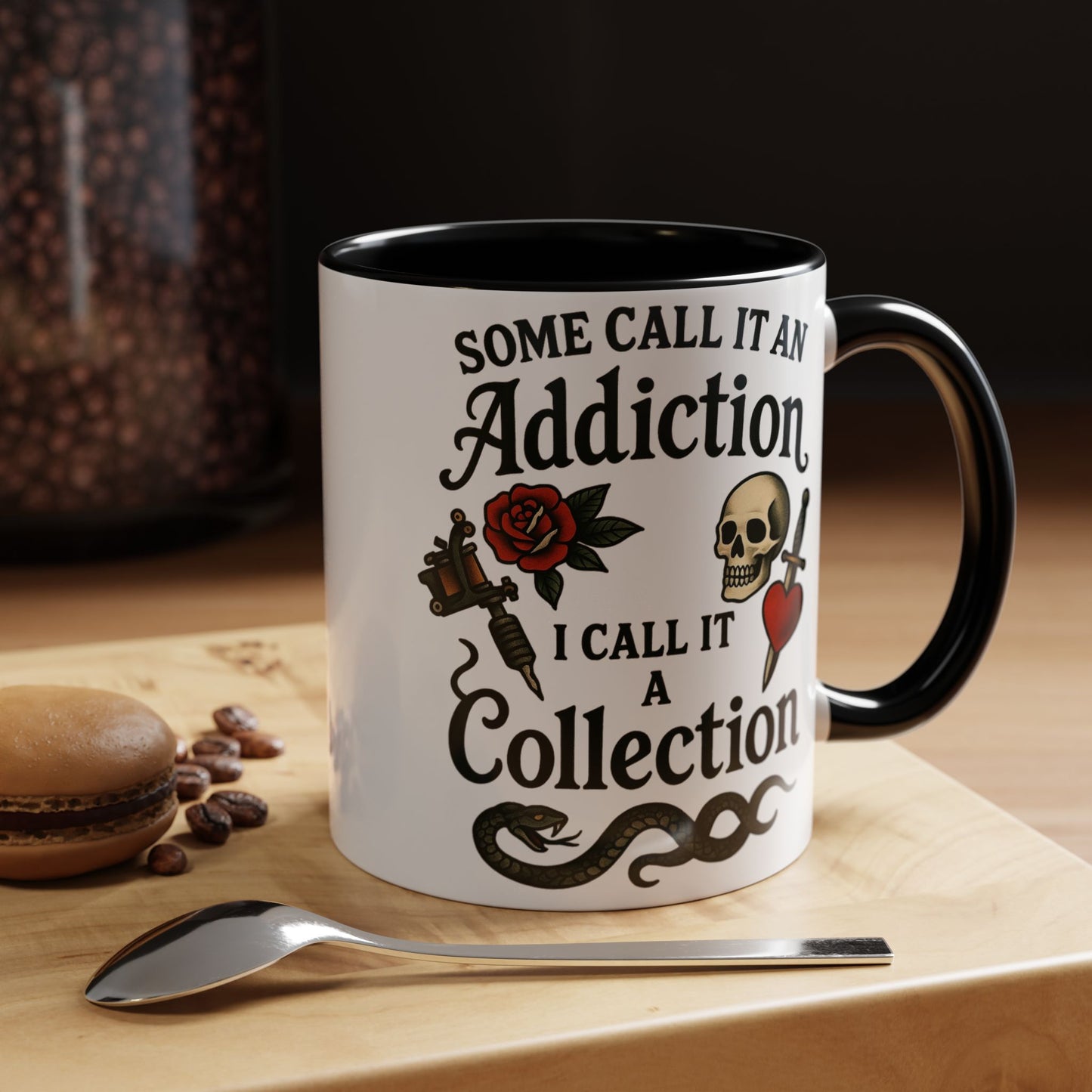 Tattoo Addiction Coffee Mug - Unique Gift, Skulls & Roses Design, Perfect for Collectors, Gothic Decor