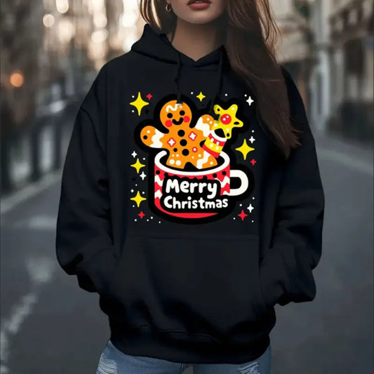 Women's Fashion Christmas Cute Cartoon Gingerbread Man Stars Coffee Mug Print Hoodies Long Sleeve Hood Sweatshirt Loose Fit Tops Fall Streetwear - Mug World