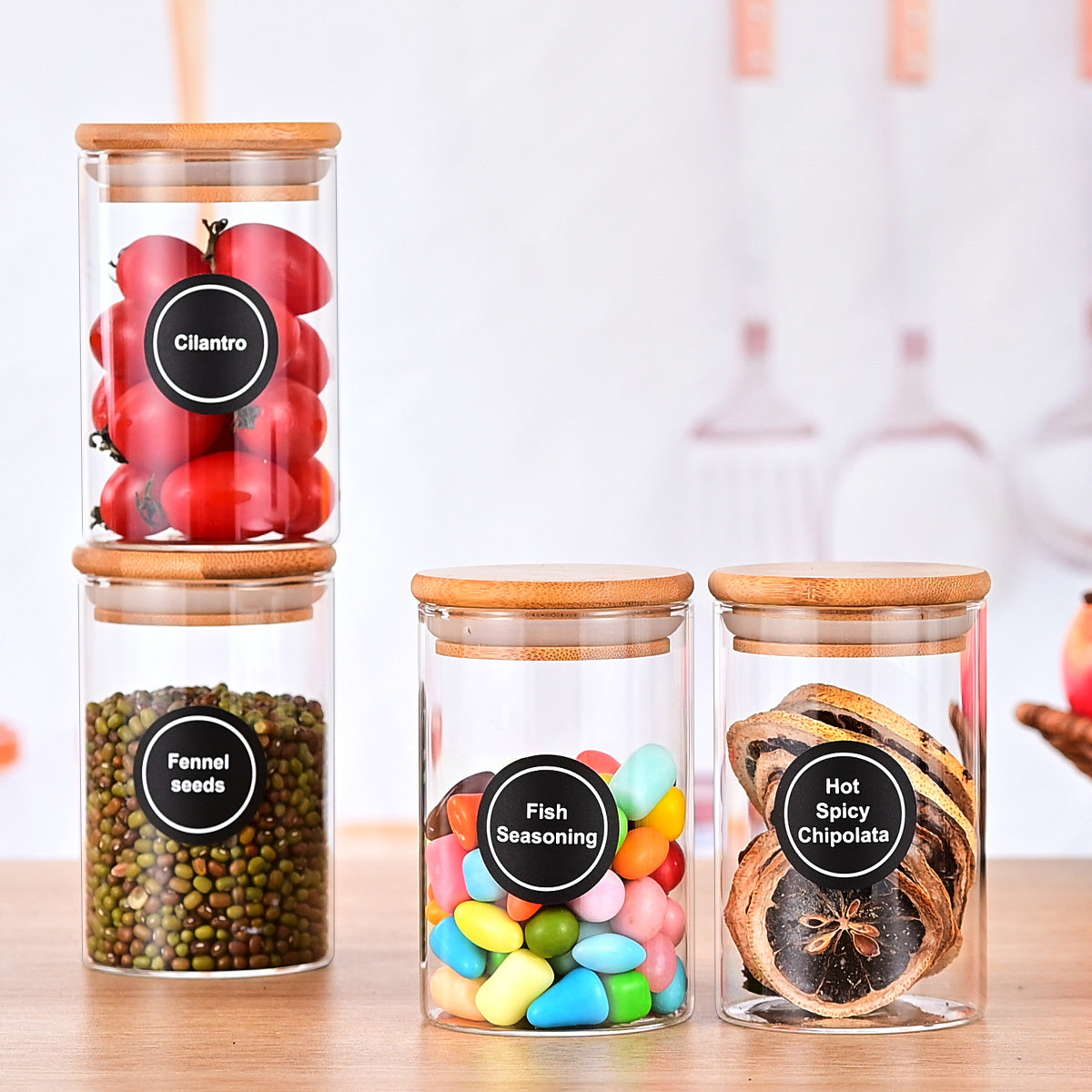 12 Pcs Round Spice Jars With Bamboo Lids And Stickers, Glass Storage Jars, Candy Jars, Coffee Jars, Salt Jars, Pepper Jars, Tea Jars