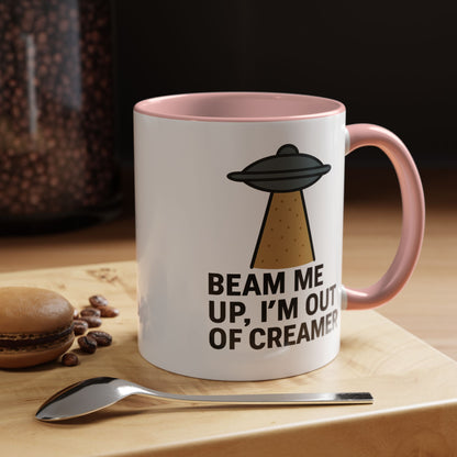 Funny Space-Themed Coffee Mug, Humorous Gift for Coffee Lovers, Out of Creamer, Alien Design, Quirky Kitchenware