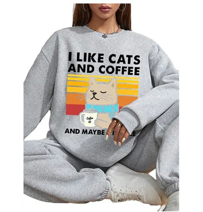 I Like Cats and Coffee and Maybe 3 People Women Basic Casual Pullover