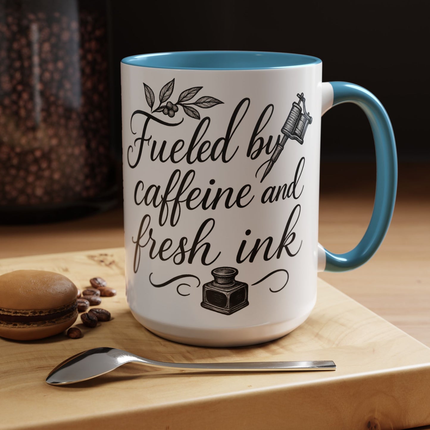 Fueled by Caffeine and Fresh Ink - Gift for Tattoo Enthusiast and Artist, 11oz & 15oz