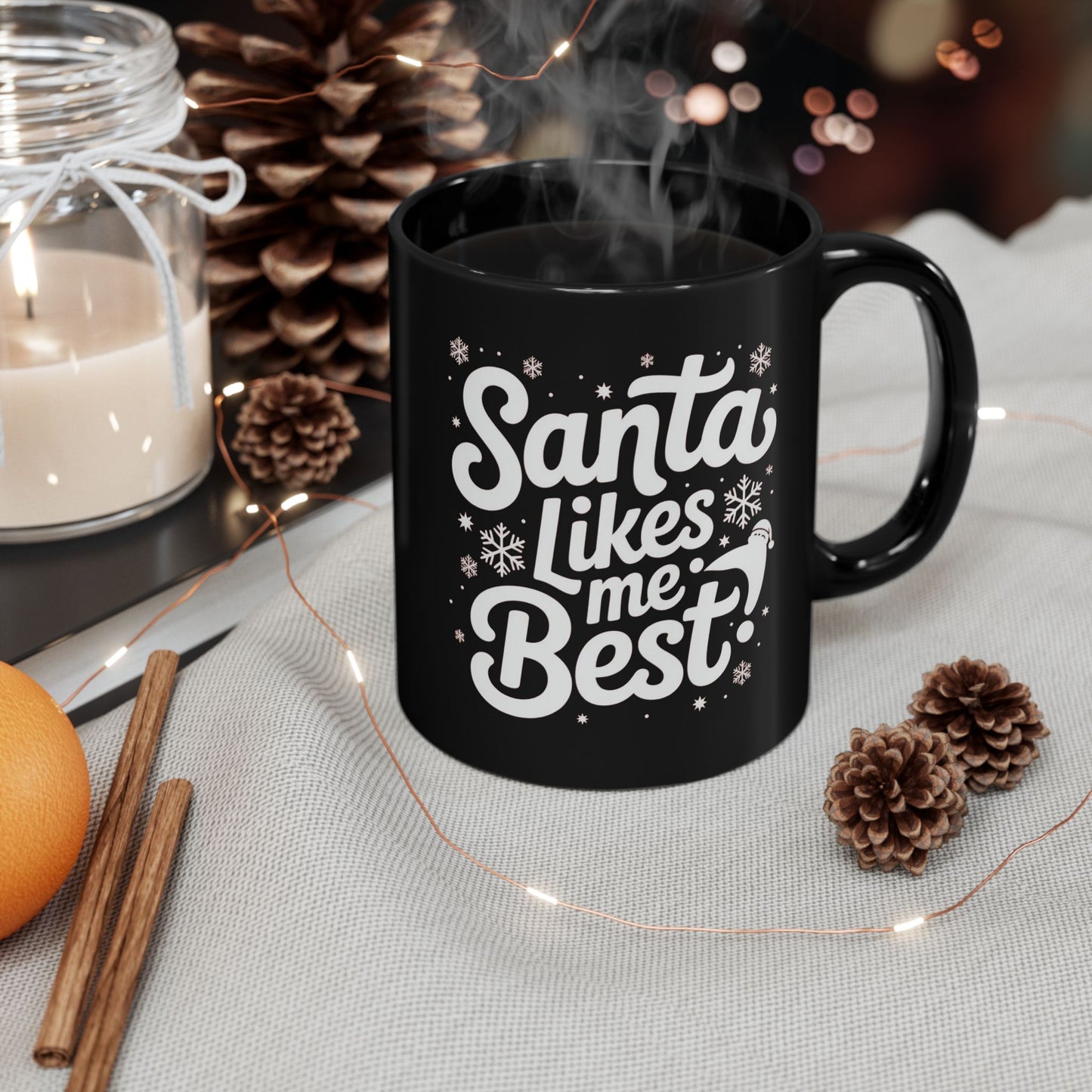 Santa Likes Me Best! Black Coffee Mug for Holiday Cheer, Christmas Gift, Winter Decoration, Santa Lovers, Unique Holiday Present