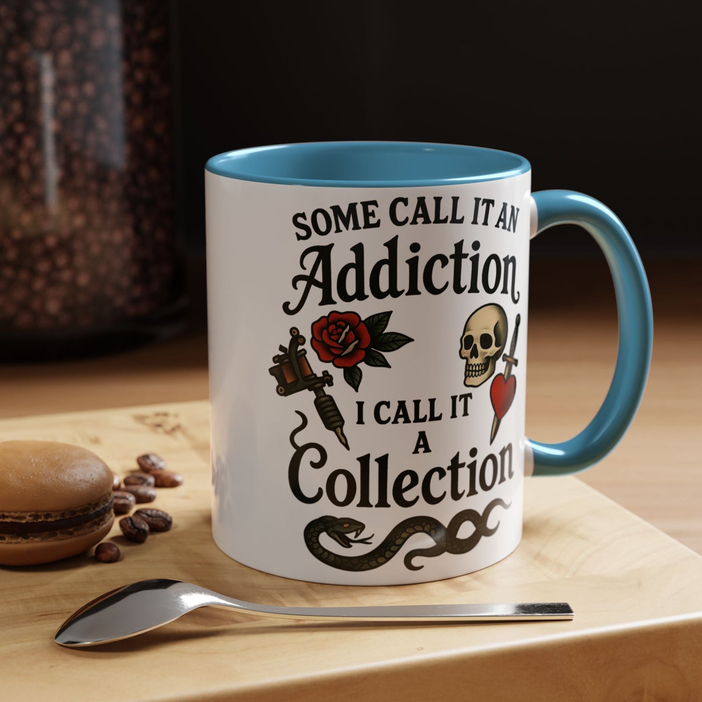 Tattoo Addiction Coffee Mug - Unique Gift, Skulls & Roses Design, Perfect for Collectors, Gothic Decor