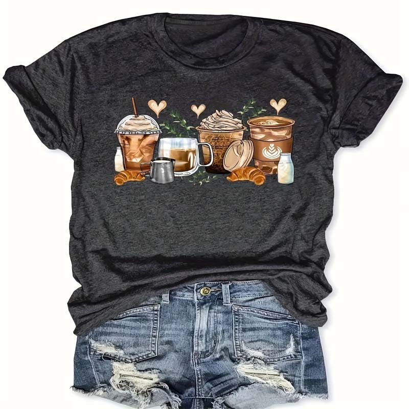 Women's Stylish Short Sleeve T-Shirt With Coffee Pattern, Casual And Comfortable Round Neck Top