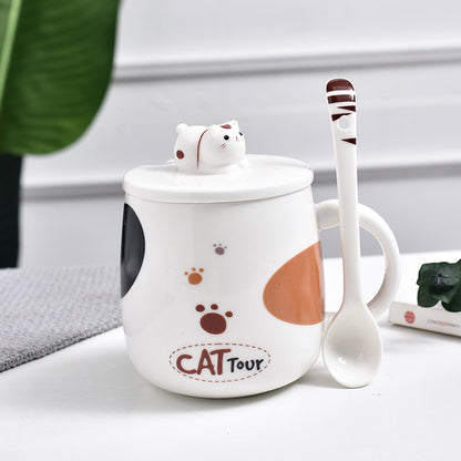 Cute Cat Cartoon Mug With Lid and Spoon