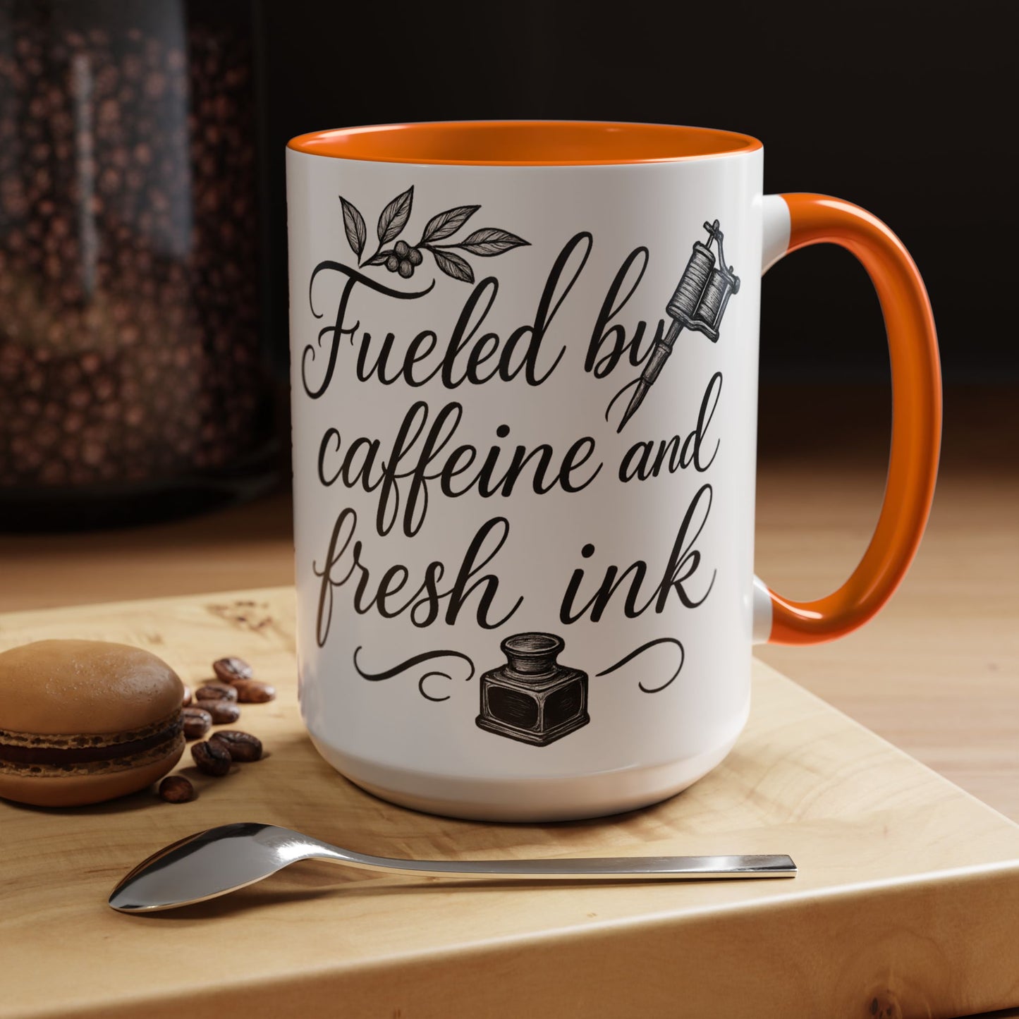 Fueled by Caffeine and Fresh Ink - Gift for Tattoo Enthusiast and Artist, 11oz & 15oz