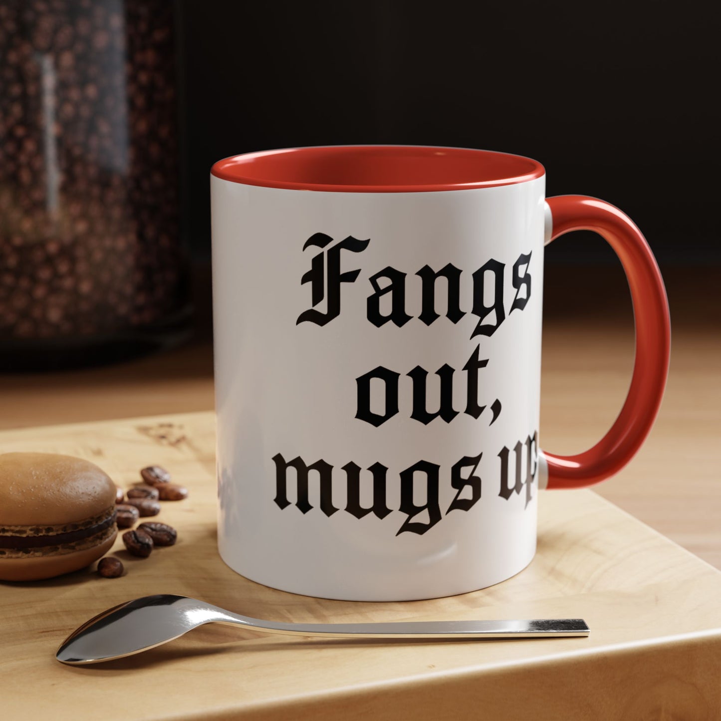 Gothic Coffee Mug, Fangs Out Mugs Up, Spooky Gift, Halloween Coffee Cup, Black Accent Ceramic Mug, Unique Drinkware