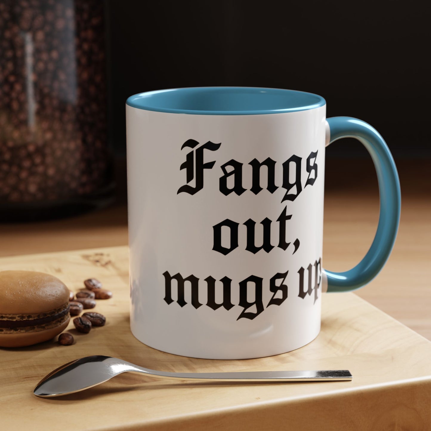 Gothic Coffee Mug, Fangs Out Mugs Up, Spooky Gift, Halloween Coffee Cup, Black Accent Ceramic Mug, Unique Drinkware