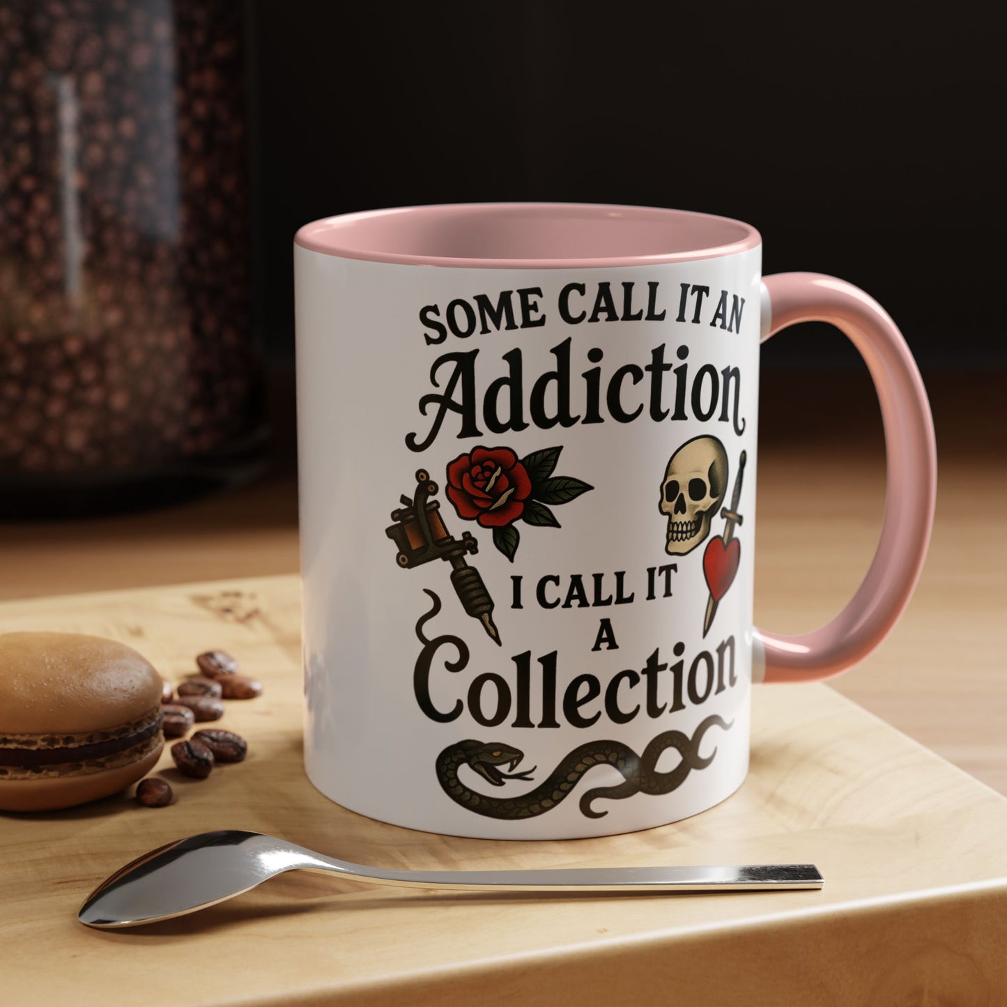 Tattoo Addiction Coffee Mug - Unique Gift, Skulls & Roses Design, Perfect for Collectors, Gothic Decor