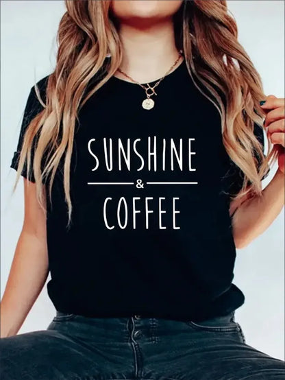 Sunshine Coffee Graphic Print Solid T-Shirt, Crew Neck Short Sleeve Casual Top For Summer & Spring, Women's Clothing - Mug World