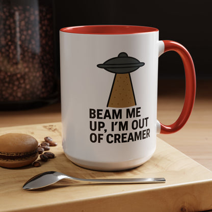 Funny Space-Themed Coffee Mug, Humorous Gift for Coffee Lovers, Out of Creamer, Alien Design, Quirky Kitchenware