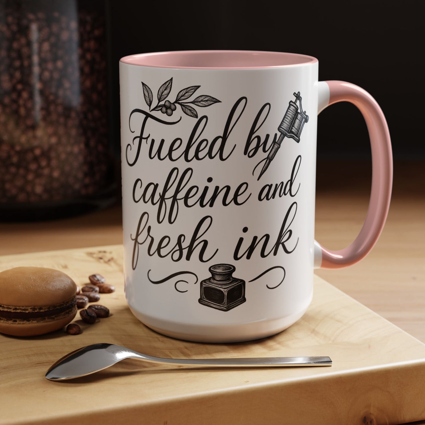 Fueled by Caffeine and Fresh Ink - Gift for Tattoo Enthusiast and Artist, 11oz & 15oz