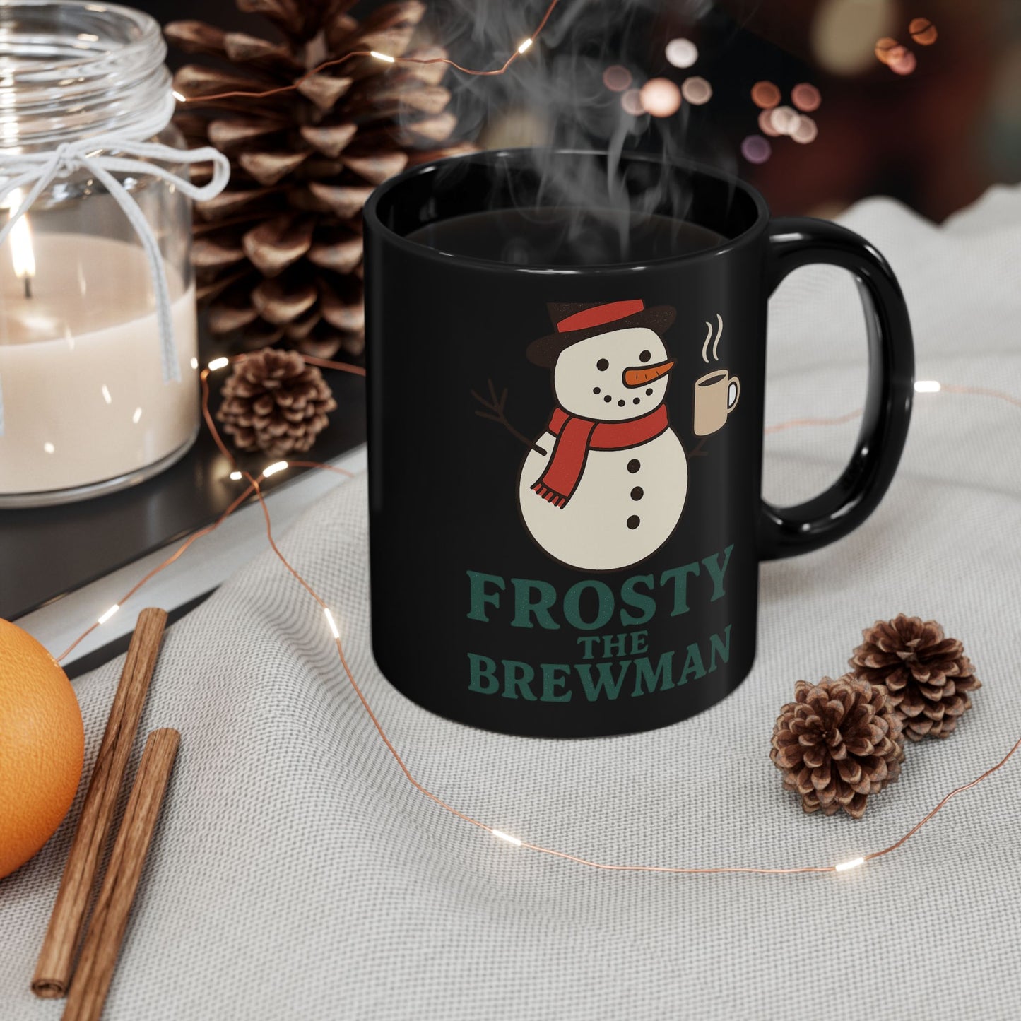 Frosty the Brewman Mug - Black Ceramic Coffee Cup, Funny Holiday Gifts, Winter Decor, Christmas Beverage Mug, Snowman Lover's Present