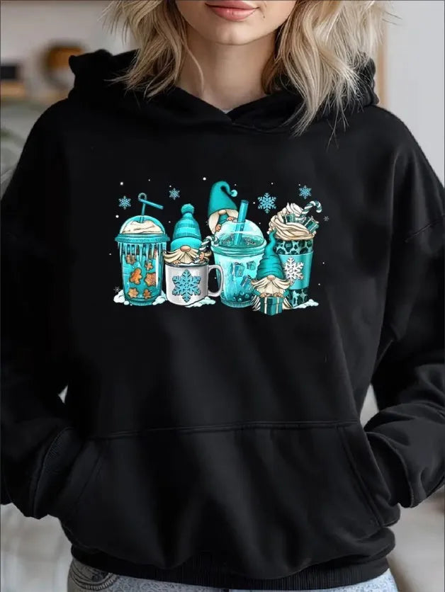 Gnomes Christmas Coffee Cups Latte Drink Outfit Christmas Cozy Classic Print Pullover Hoodie, Casual Long Sleeve Hoodie For Sprots - Mug World